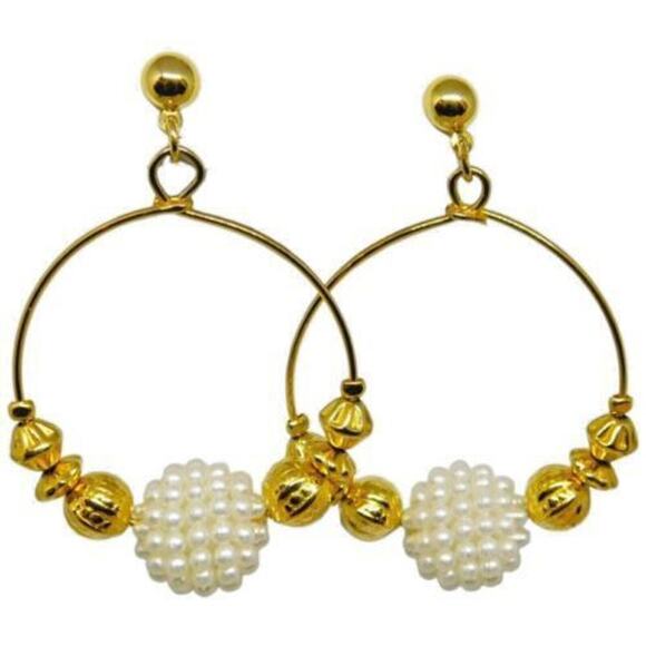 Hoop Earrings Gold Tone Textured White Beads Classic Style Approx. 1.5" Jewelry - Picture 1 of 5